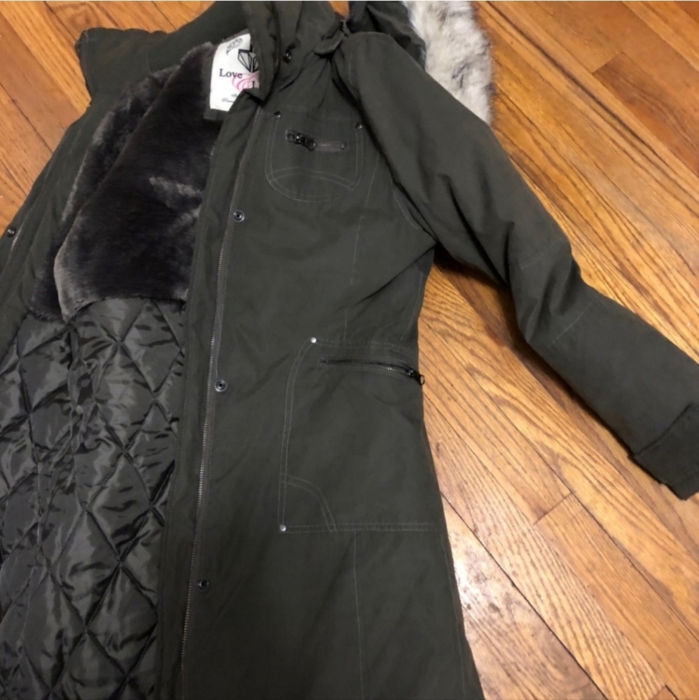 Warm olive green jacket with hood